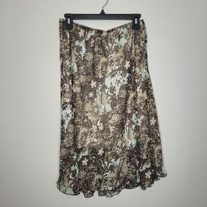 Notations blue brown grunge abstract floral print pull on a line knee skirt Med